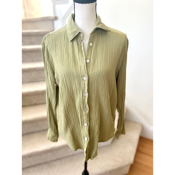 Princess Polly Sage Green Gauze Cotton Long Sleeve Button Down Oversize Shirt - Picture 1 of 6